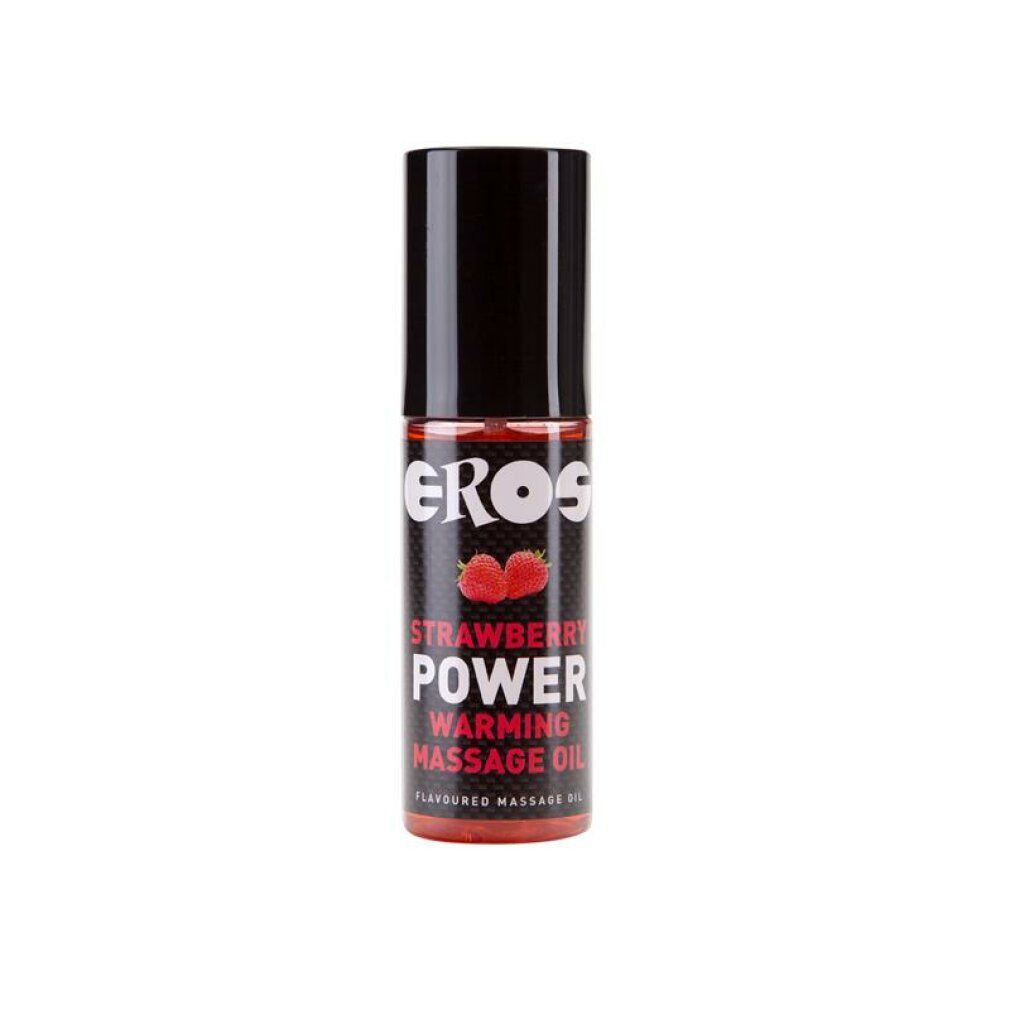 Eros Power Warming massageolie, aardbeiensmaak, 100ml fles.