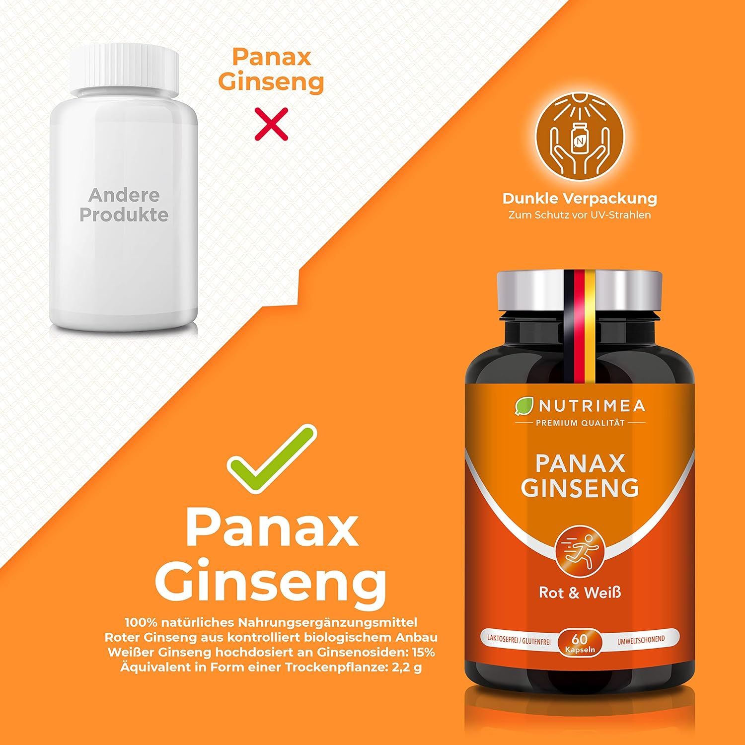 Comparaison : flacon sans PANAX GINSENG vs. flacon avec PANAX GINSENG. Flacon avec étiquette orange, 60 gélules. Avec drapeau allemand.