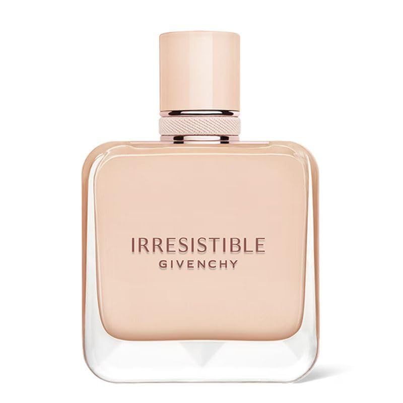 Beige parfumfles. Opschrift: Irresistible, Givenchy. Vierkante vorm met afgeronde hoeken. Verstuiver.