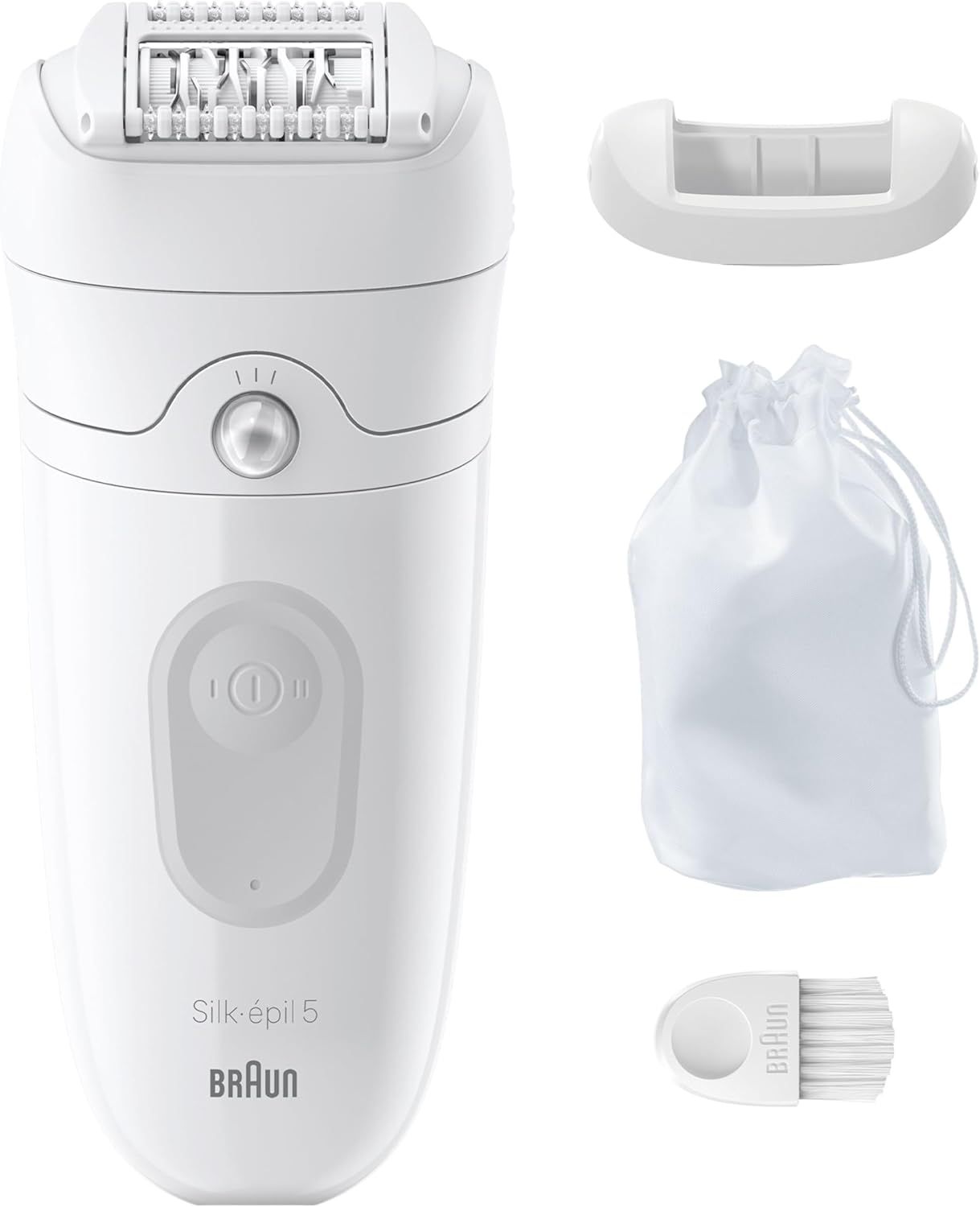 Witte epilator met opzetstuk, zakje en borsteltje.