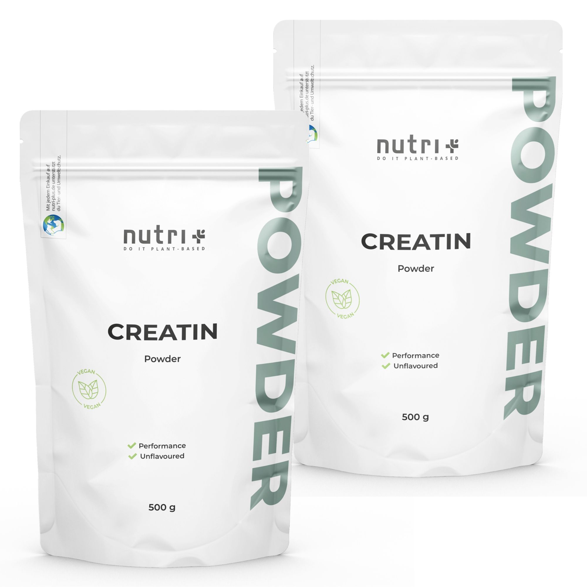 Deux sachets blancs avec le nom du produit 'Creatine' et 'Powder'. Marque : nutri+. Inscription : 500 g. Avec logo vegan.