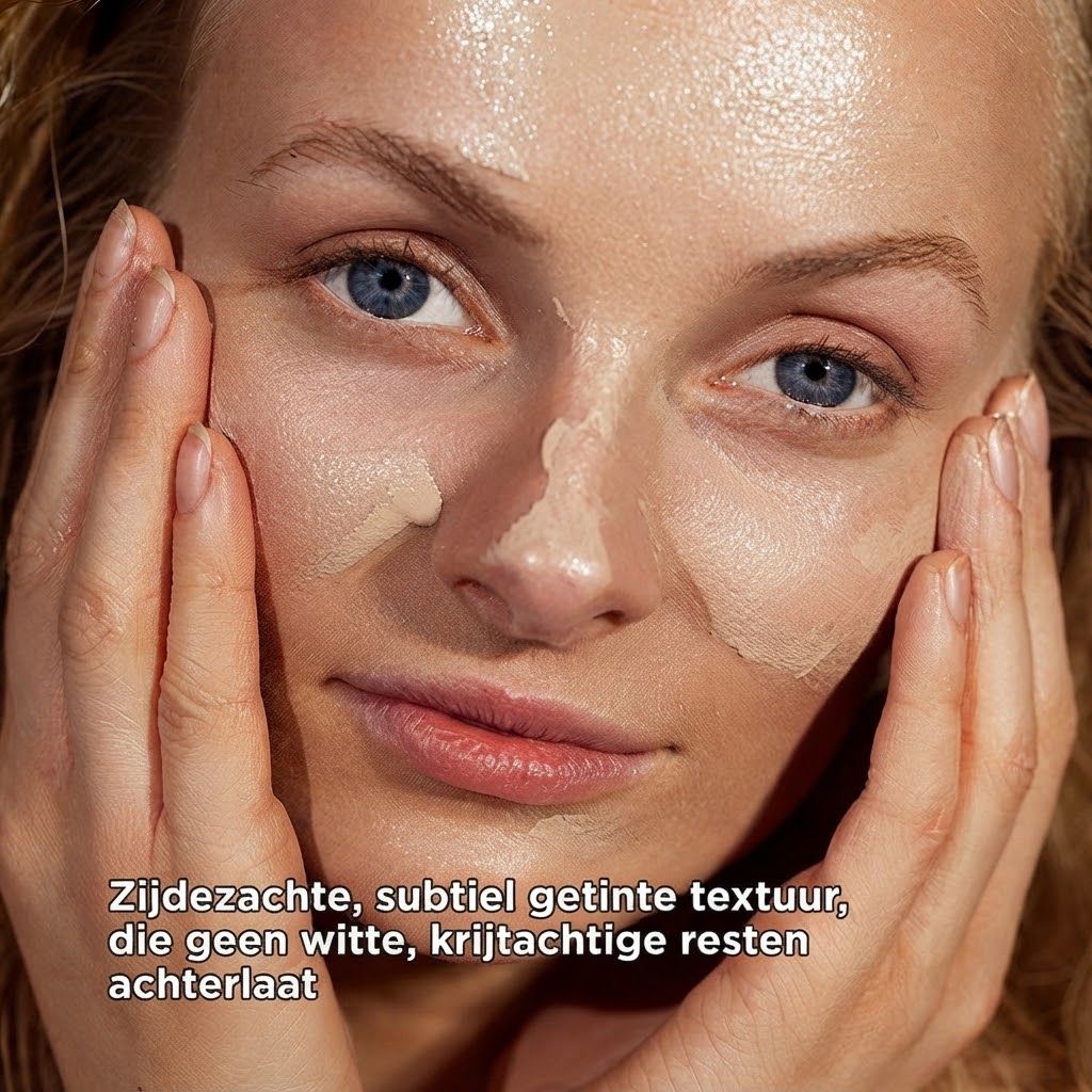 Vrouw brengt getinte textuur aan op gezicht, laat geen residu achter.