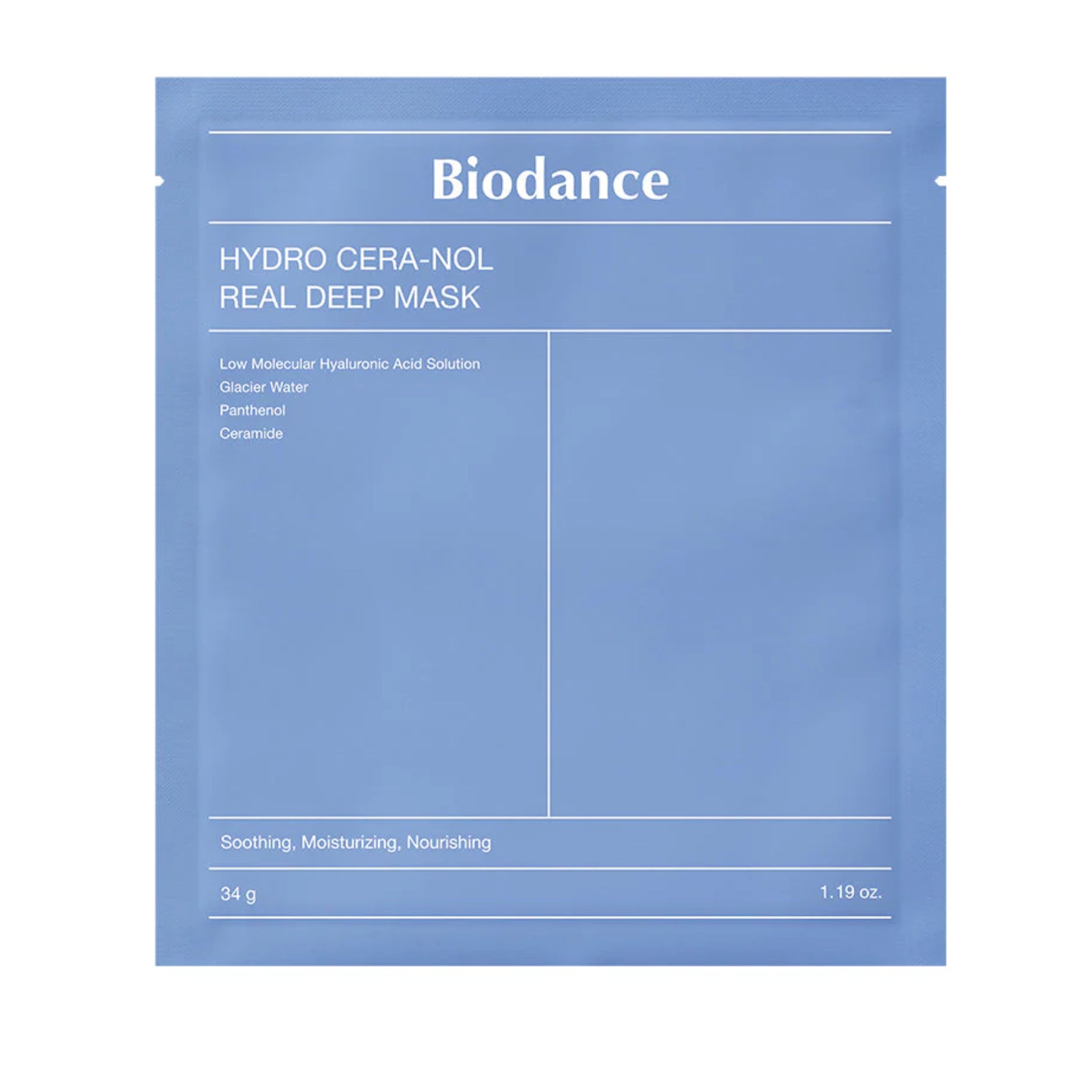 Emballage bleu clair avec le nom du produit Biodance Hydro Cera Nol Real Deep Mask. Contient de l'acide hyaluronique et des céramides.