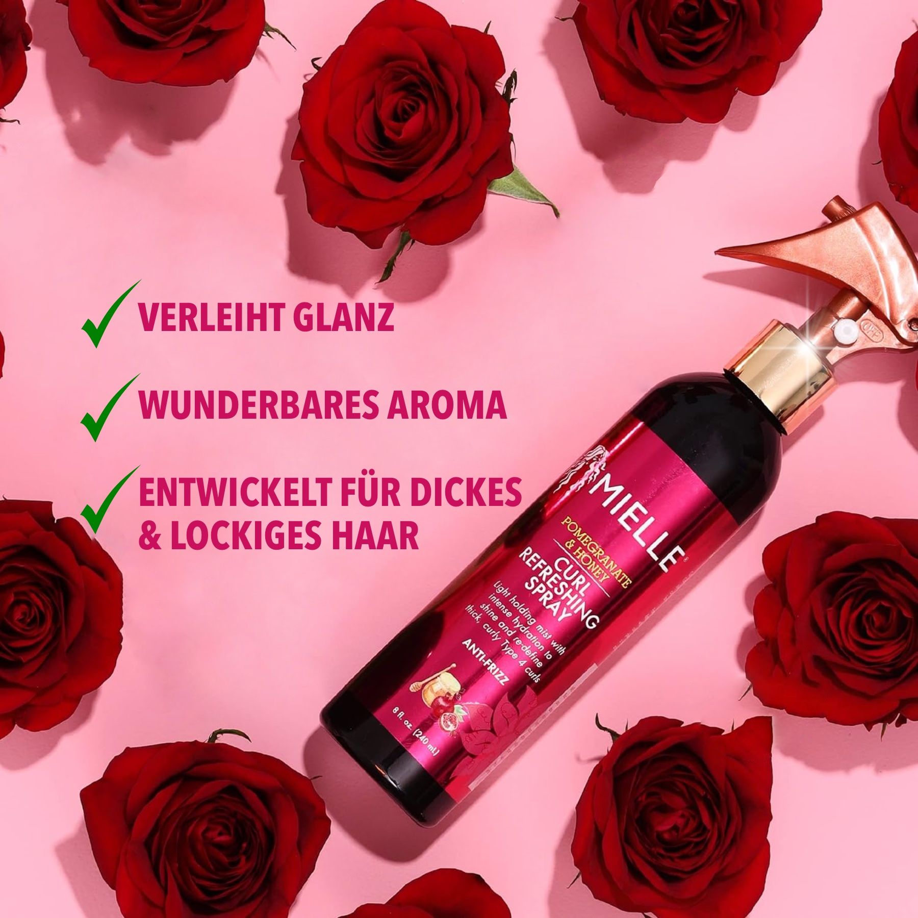 Flacon entouré de roses rouges. Texte : Donne de la brillance, arôme merveilleux, conçu pour cheveux épais et bouclés.