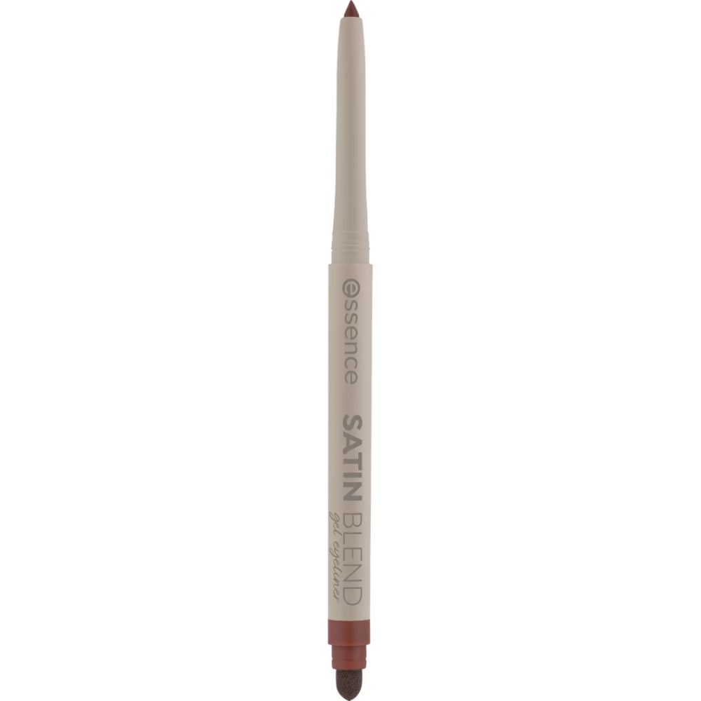 Eyeliner Essence Satin Blend. Corps beige, pointe marron. Texte.