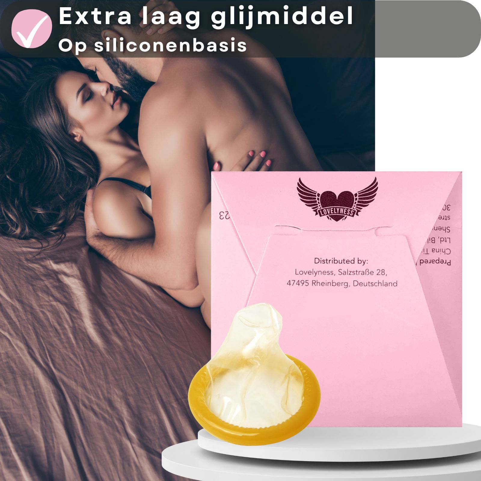Condoom en roze verpakking. Tekst: "Extra Gleitgelschicht auf Silikonbasis".