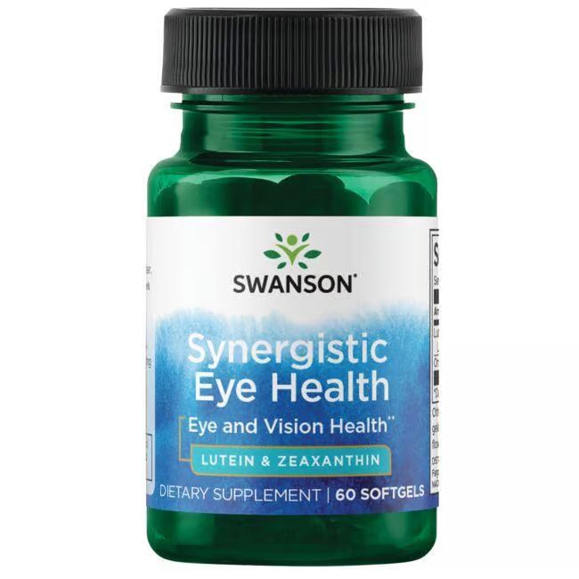 Flacon vert, bouchon noir. Inscription: SWANSON Synergistic Eye Health, Lutein & Zeaxanthin. 60 gélules.