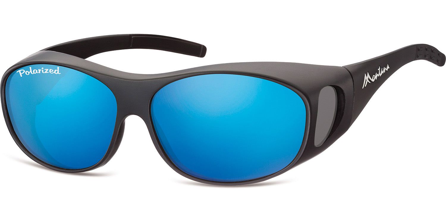 Lunettes de soleil enveloppantes bleues et noires. Protection latérale. Inscription "Polarized" sur un verre. Logo Montana.
