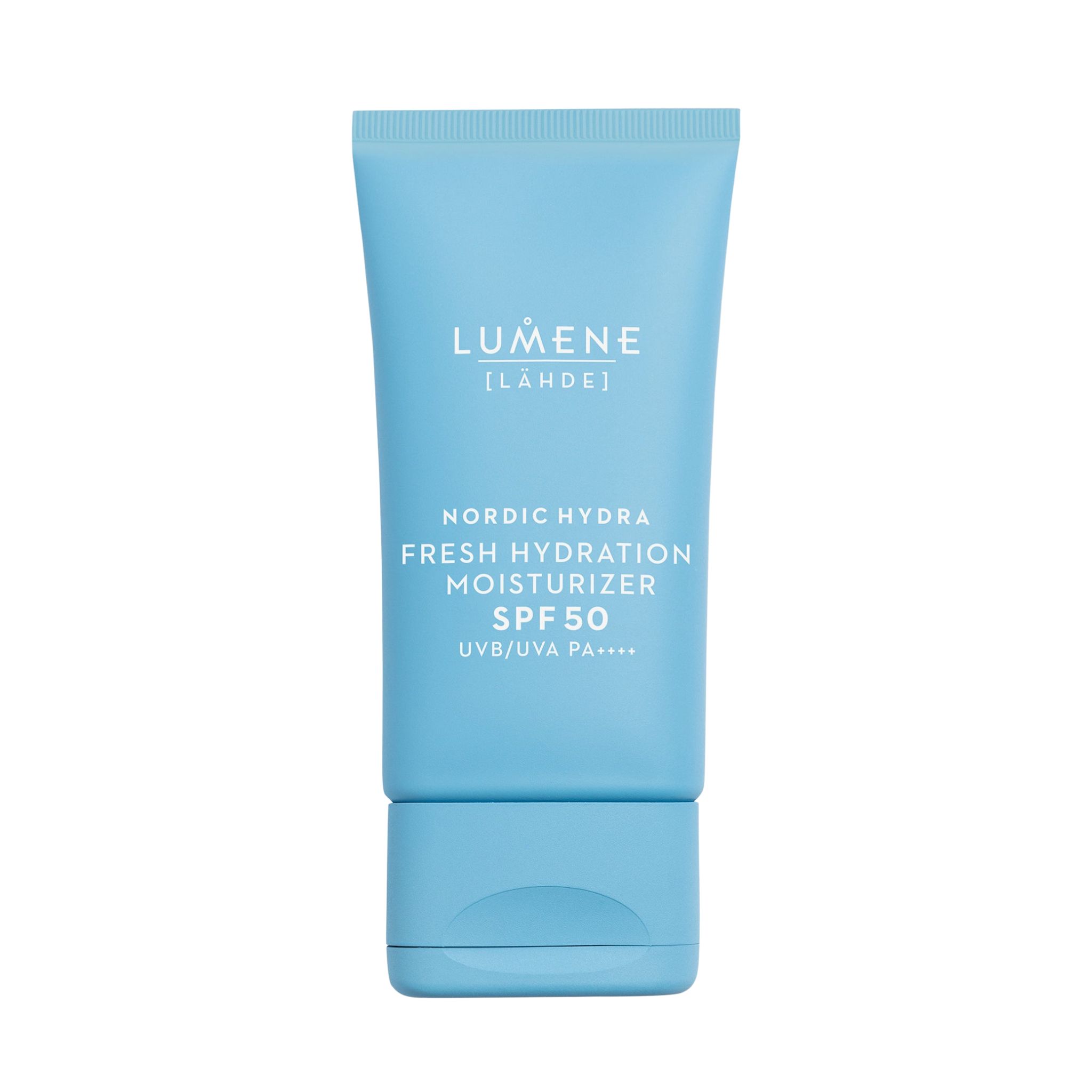 Tube bleu clair avec texte blanc. Inscription: LUMENE [LÄHDE], Nordic Hydra Fresh Hydration Moisturizer SPF50. UVB/UVA PA++++.