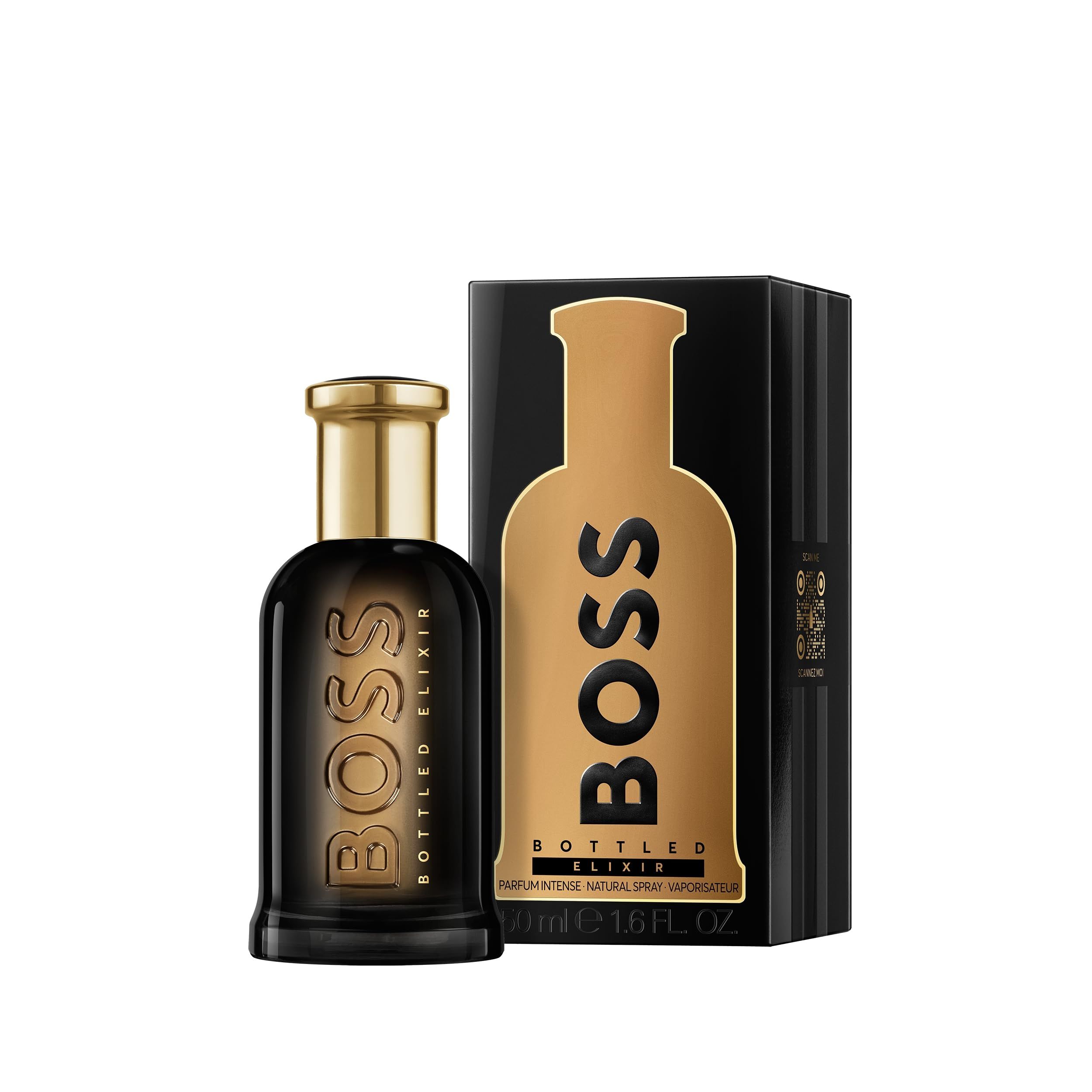 Hugo Boss Bottled Elixir Eau de Parfum fles en zwarte verpakking met gouden fles-design.
