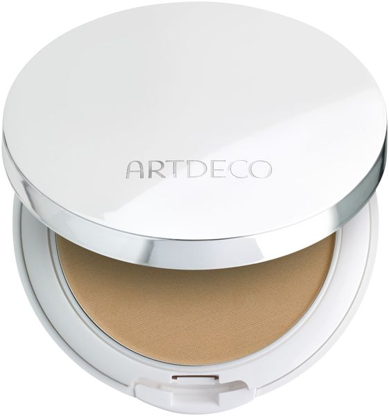Artdeco All In One Cream Foundation. Ronde, witte compactverpakking met open deksel. Binnen: crème foundation.