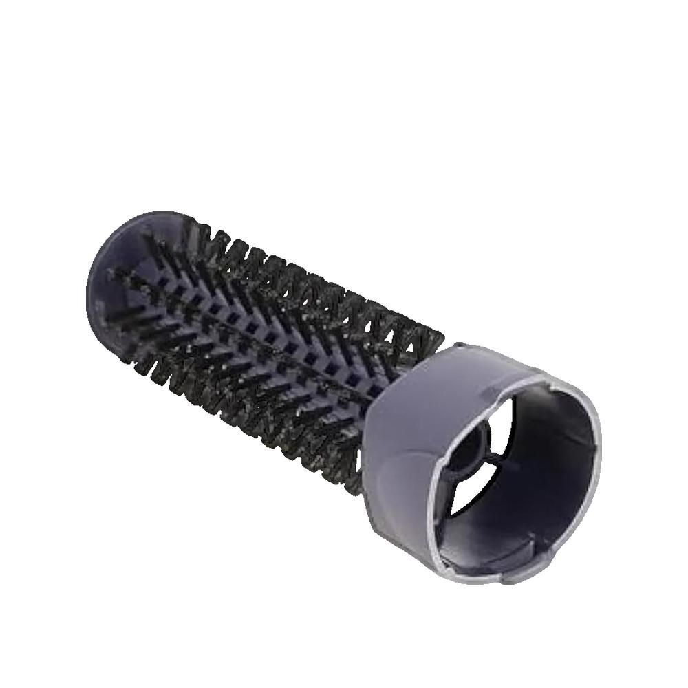 Cilindrische borstelkop met zwarte borstelharen en grijze behuizing. Detailopname.