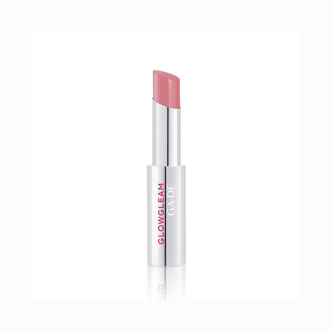 Geopende lipstick met roze stick. Zilverkleurige huls met opschriften GLOWGLEAM en GA-DE.