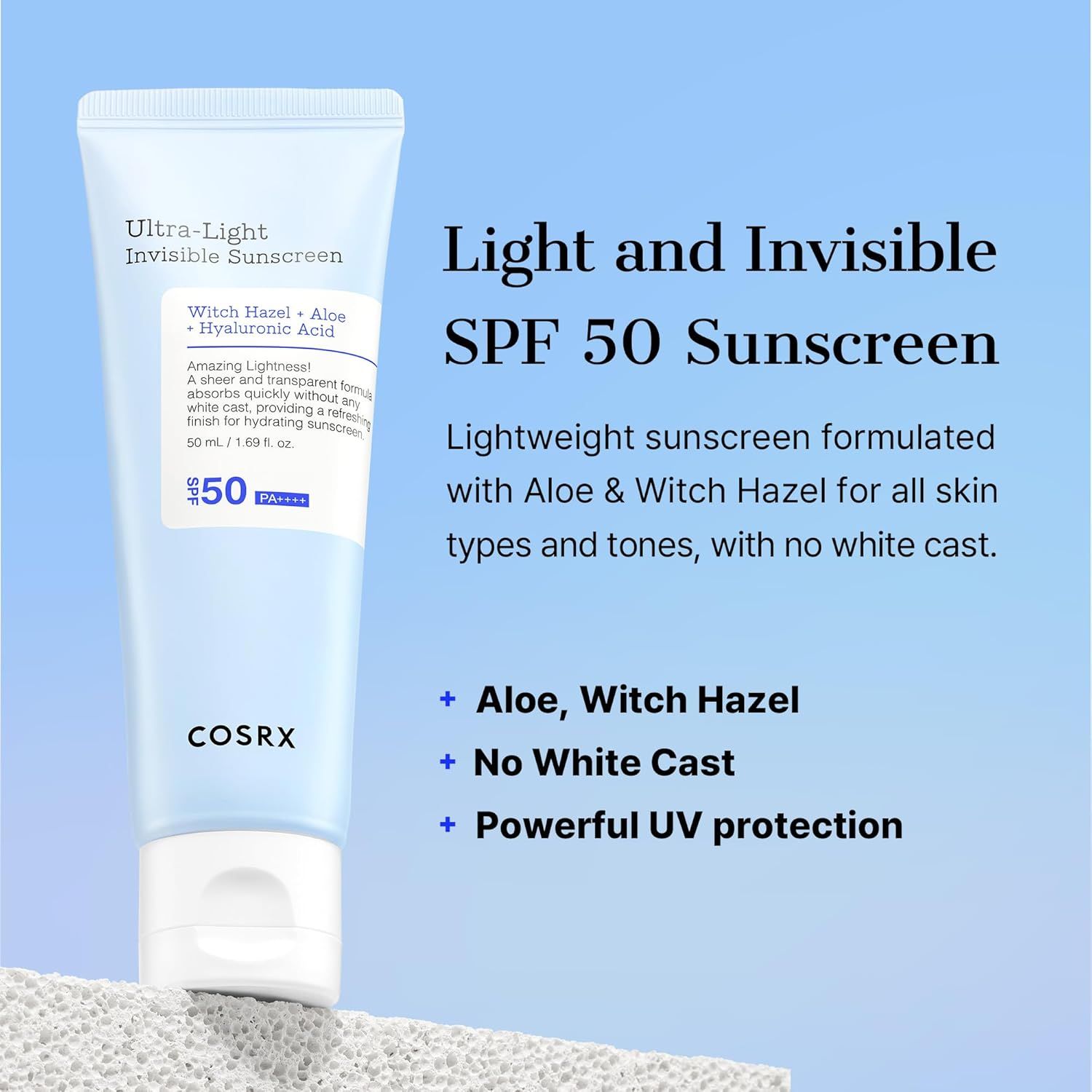 Emballage du produit: Tube Ultra-Light Invisible Sunscreen SPF 50. Texte: Léger et invisible. Formulé avec Aloe & Hamamélis. Sans effet blanc.
