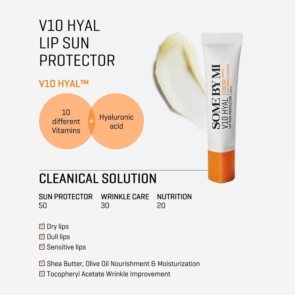 Productafbeelding met tekst. SOME BY MI V10 HYAL Lip Sun Protector. Ingrediënten en voordelen.