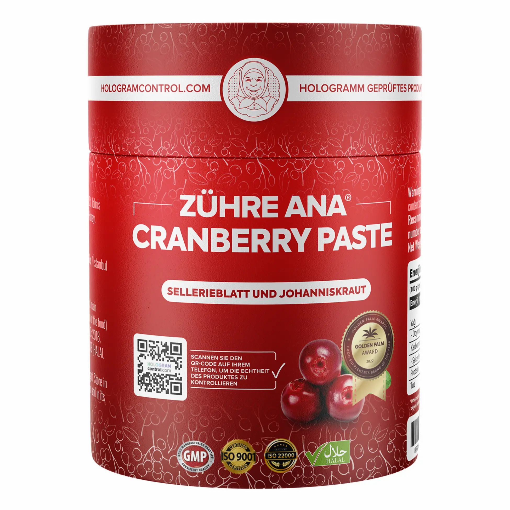 Boîte rouge avec inscription Zühre Ana Cranberry Paste et sceaux.