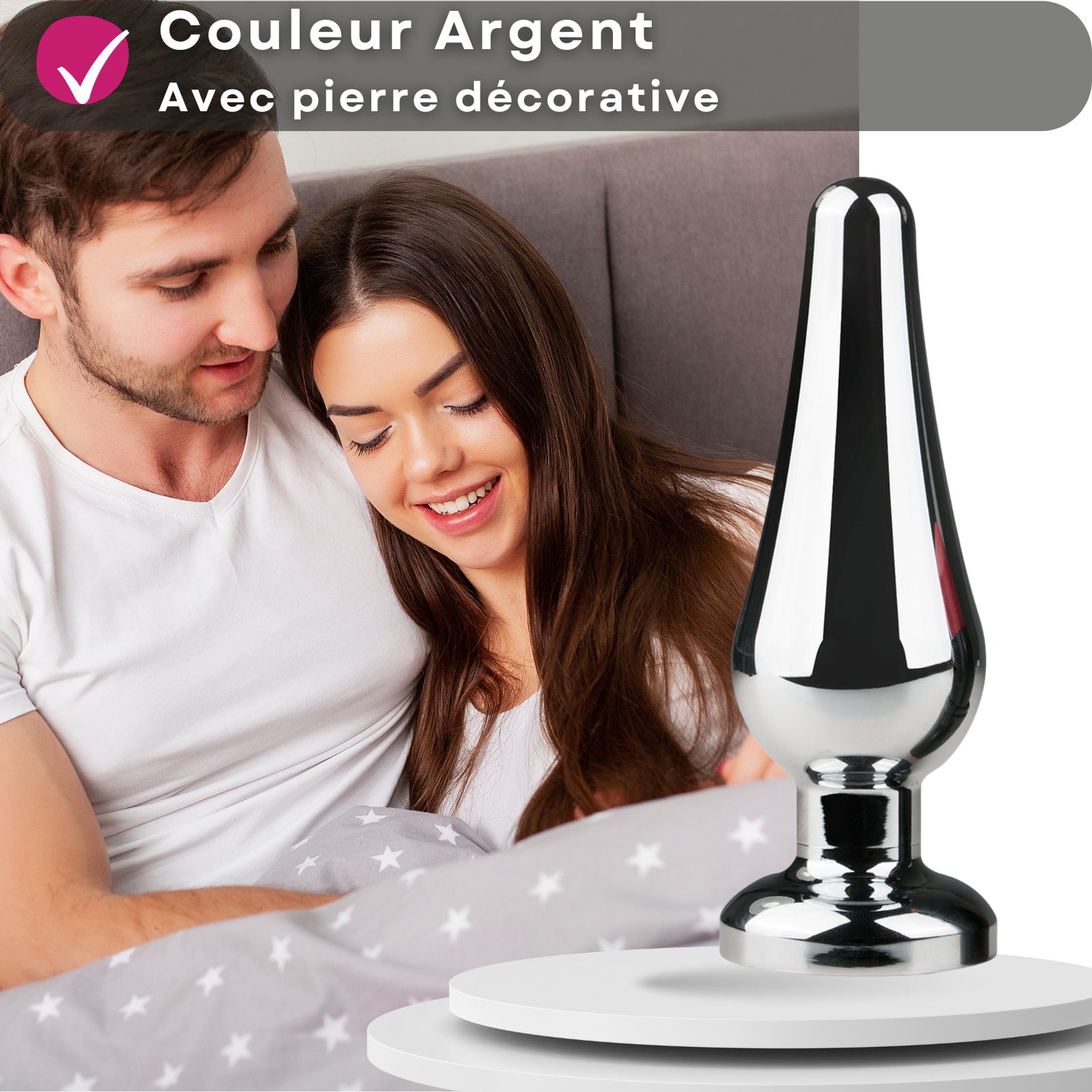 Plug anal conique en métal, pierre rose décorative. Couleur argent.