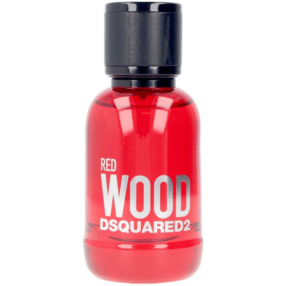 Flacon rouge avec bouchon noir. Inscription: Red Wood, Dsquared2. Flacon de forme arrondie.