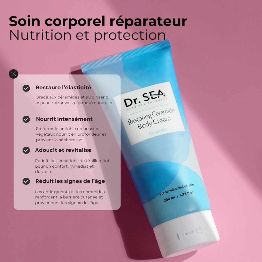 Tube de crème avec texte. Inscription : Dr. SEA, Restoring Ceramide Body Cream. Texte sur fond rose. Avantages du produit.