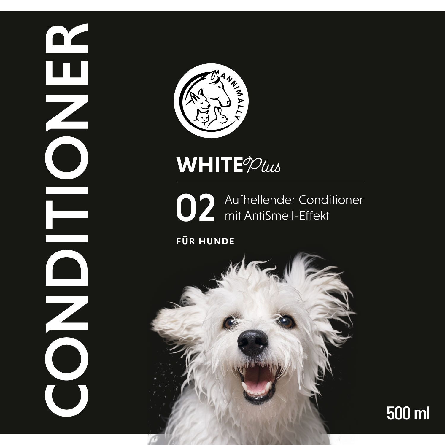Étiquette noire avec nom du produit, logo et chien. Texte: Conditionneur éclaircissant avec effet anti-odeurs. 500 ml.