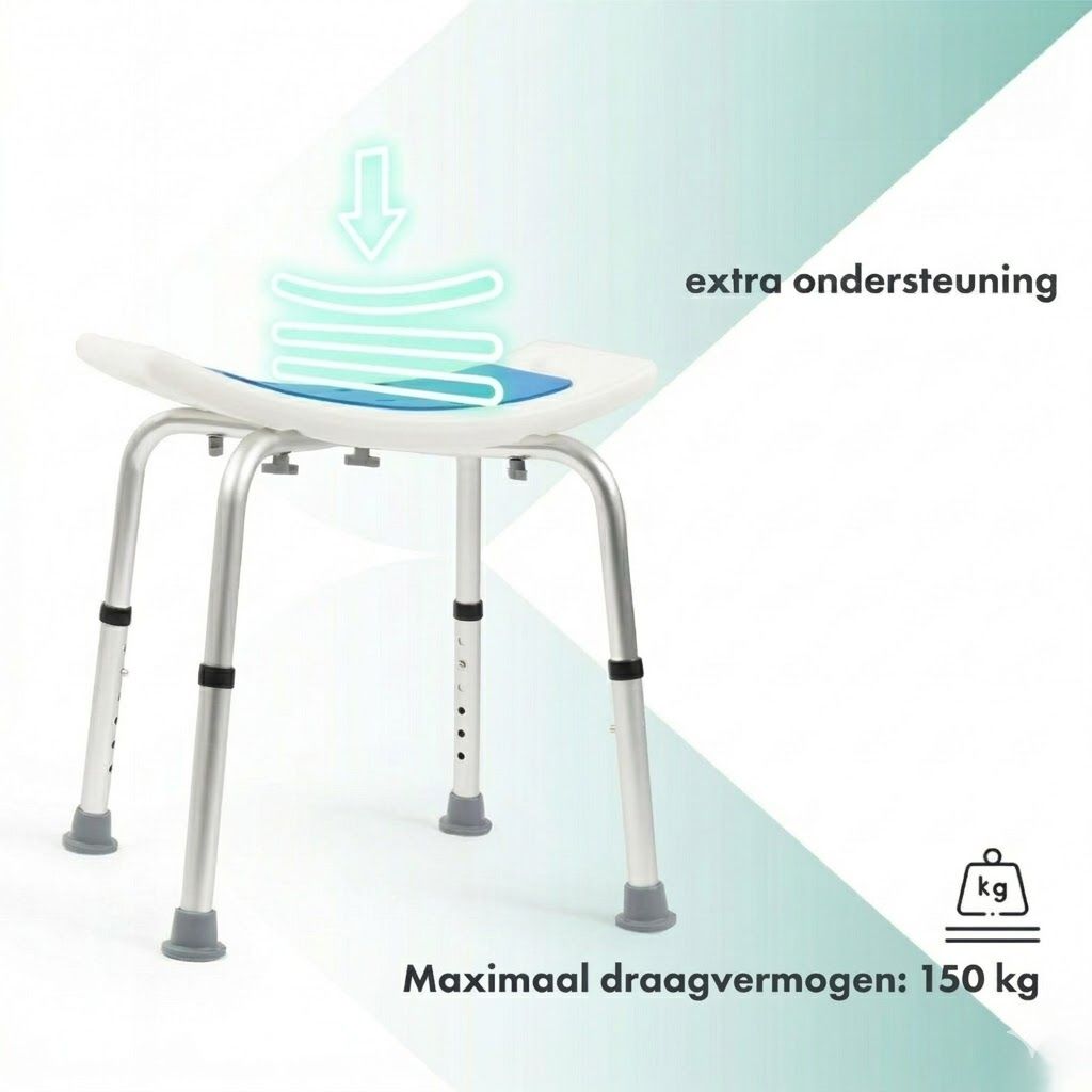 Douchekruk met blauwe zitting. Maximaal draagvermogen: 150 kg.