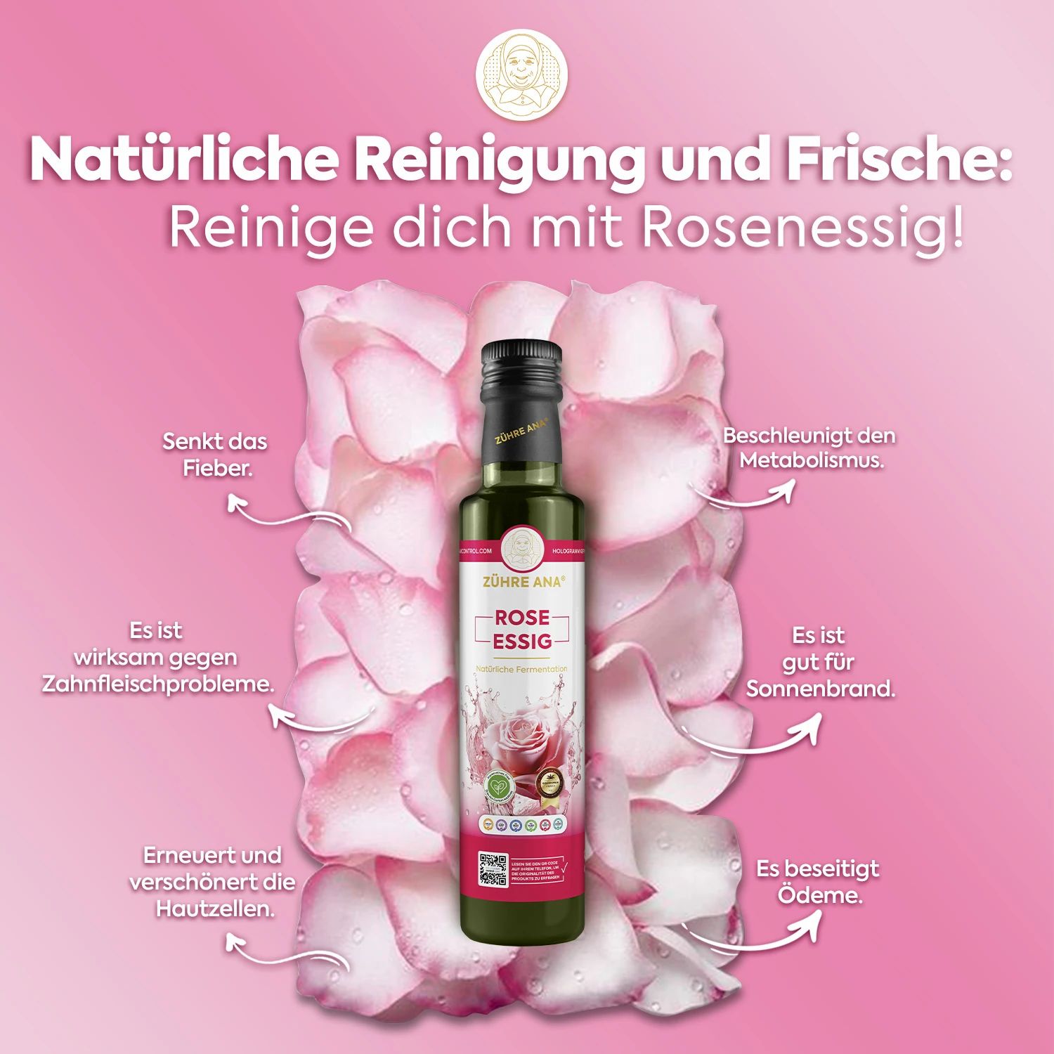 Bouteille de vinaigre de rose entourée de pétales de rose, avec texte sur les avantages.