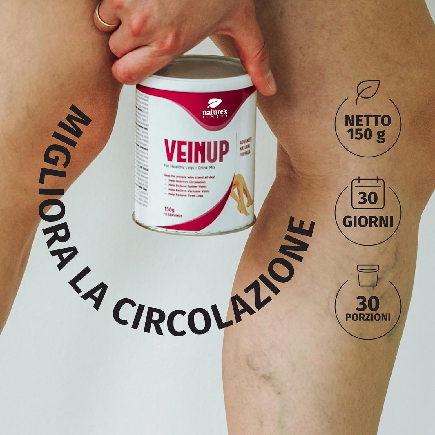 Personne tient boîte Nature's Finest VEIN UP sur la jambe. Texte : Améliore la circulation. Veines visibles.