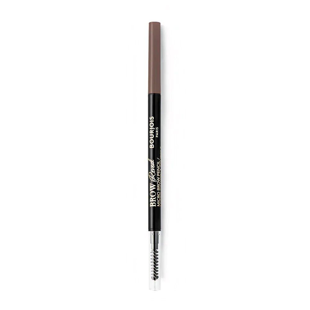 Crayon à sourcils avec brosse. Crayon noir, mine marron, brosse. Marque : Bourjois Paris. Texte : Brow Reveal Micro Brow Pencil.