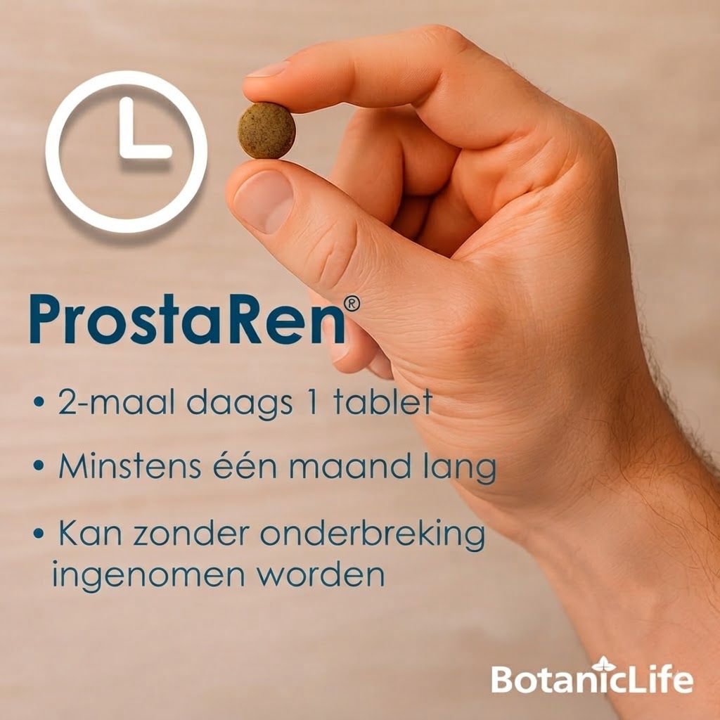 Een bruine tablet wordt tussen duim en wijsvinger gehouden. Daarnaast staat 'ProstaRen'.