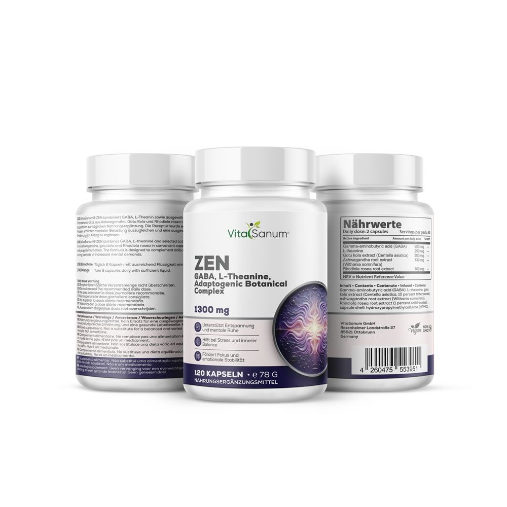 Trois flacons VitaSanum ZEN 1300 mg. Flacons blancs avec étiquettes. Inscription et illustration. 120 gélules.