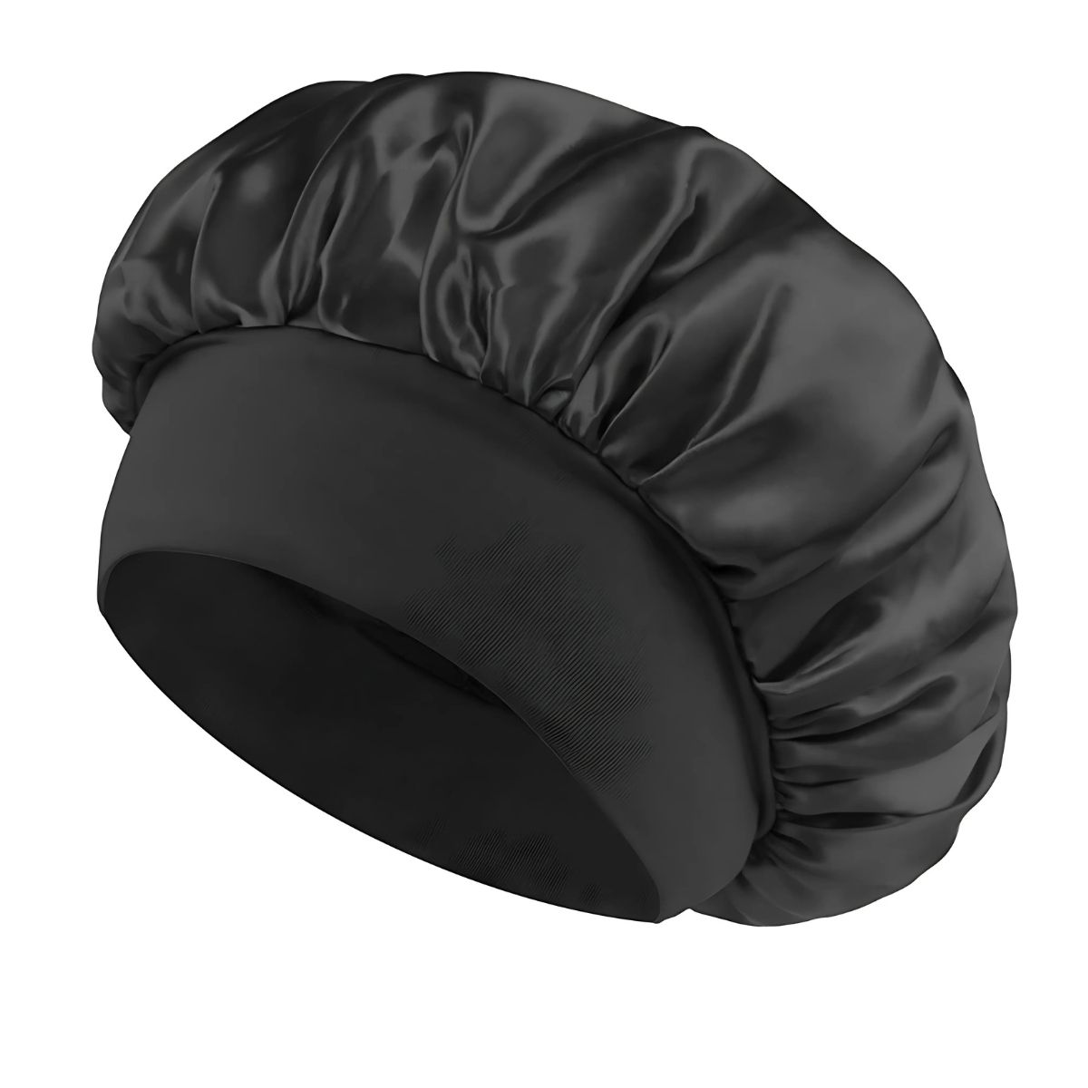 Bonnet de nuit noir en satin avec bande élastique.