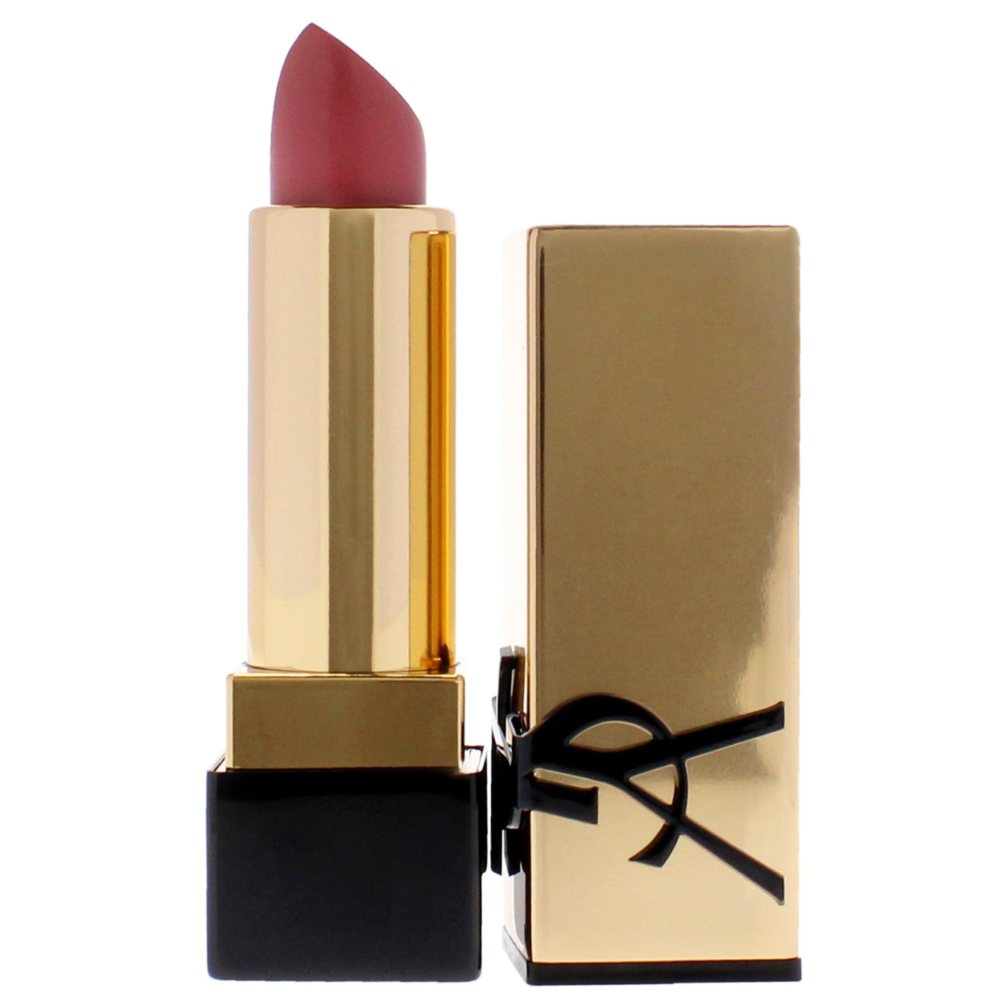 Gouden lippenstift met zwarte basis en zwart logo. De lippenstift is geopend.