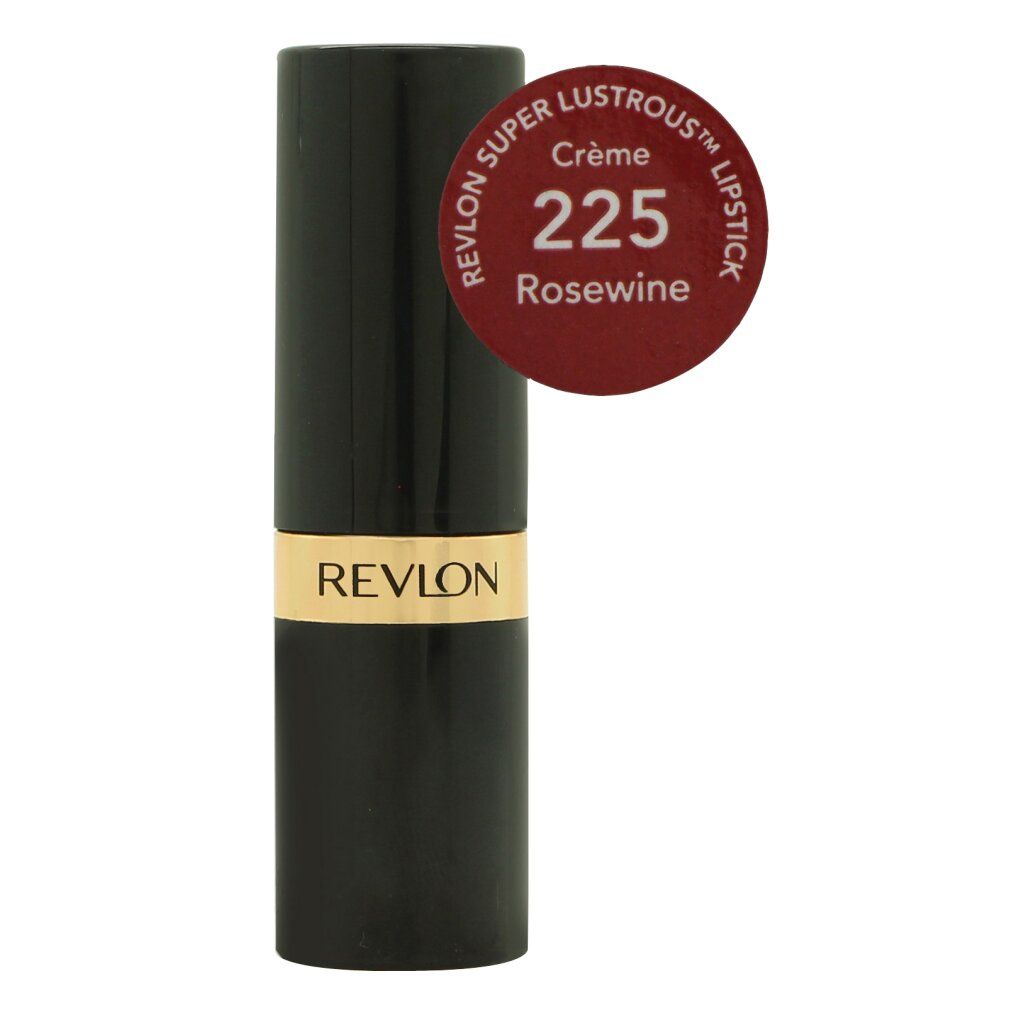 Gesloten lipstick met kleurstaal. Zwarte stick met gouden band en Revlon-logo. Kleur Rosewine.