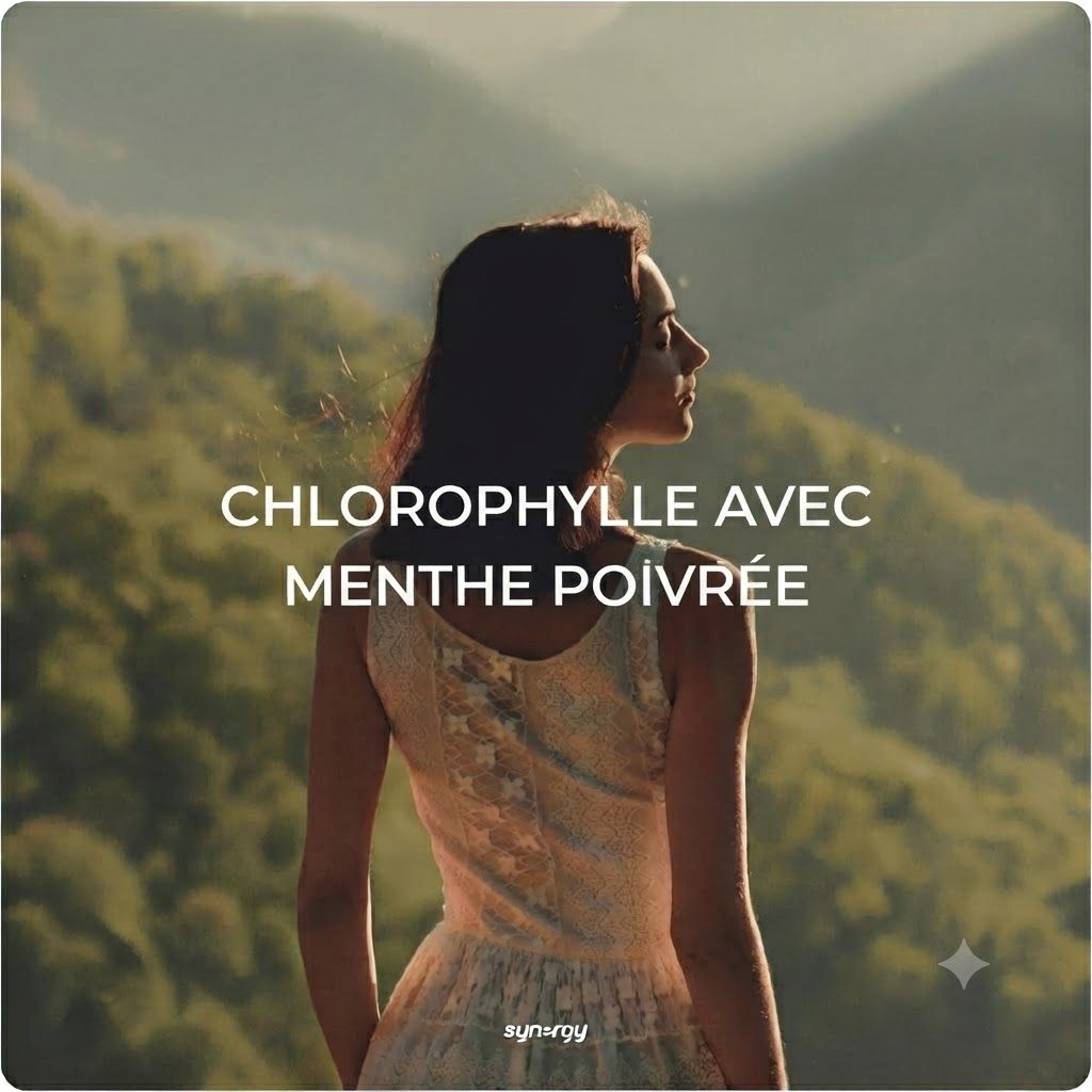 Femme en robe devant un paysage de montagne. Texte : Chlorophylle avec menthe poivrée.