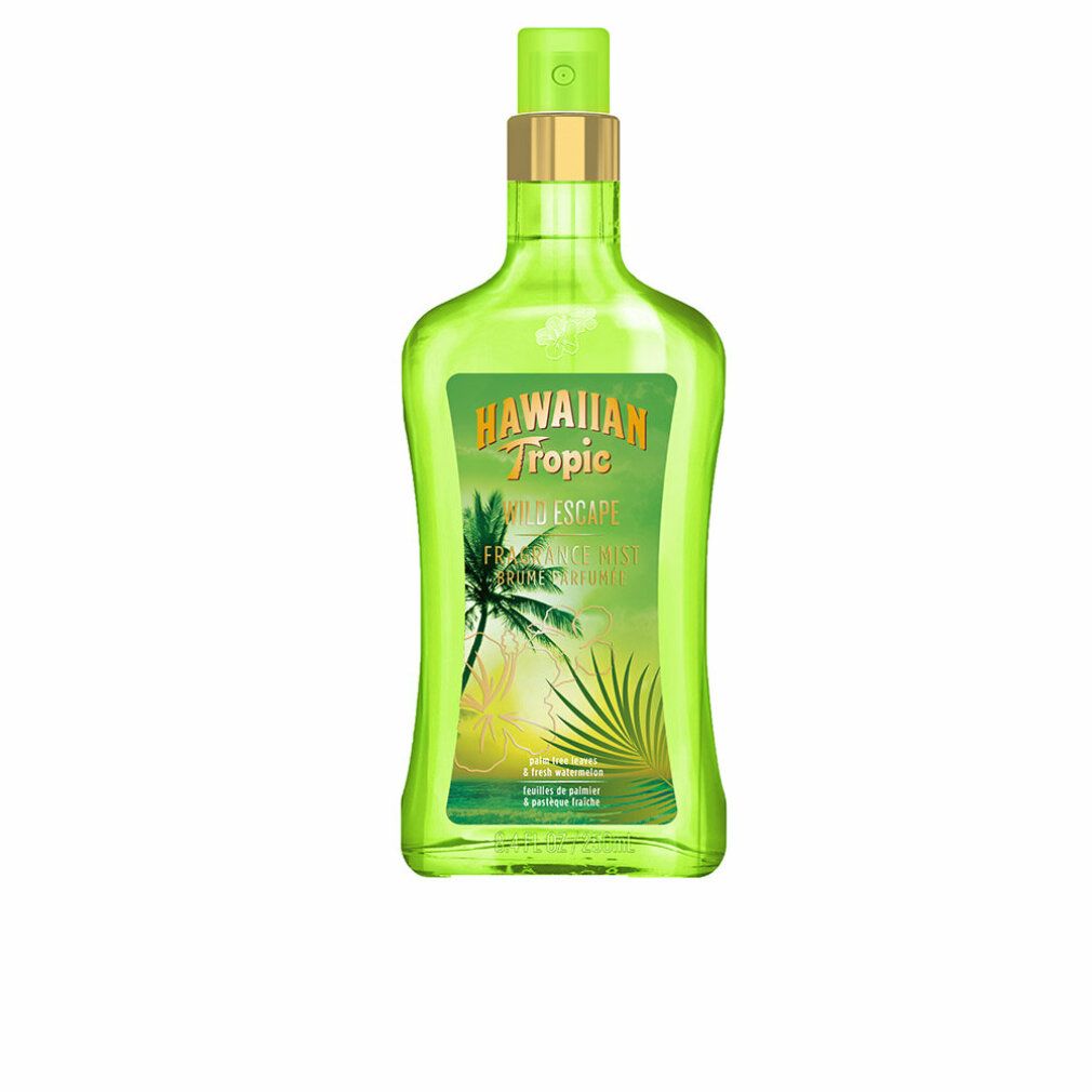 Groene fles met gouden verstuiver. Opschrift: Hawaiian Tropic Wild Escape. Afbeelding van een palmboom.