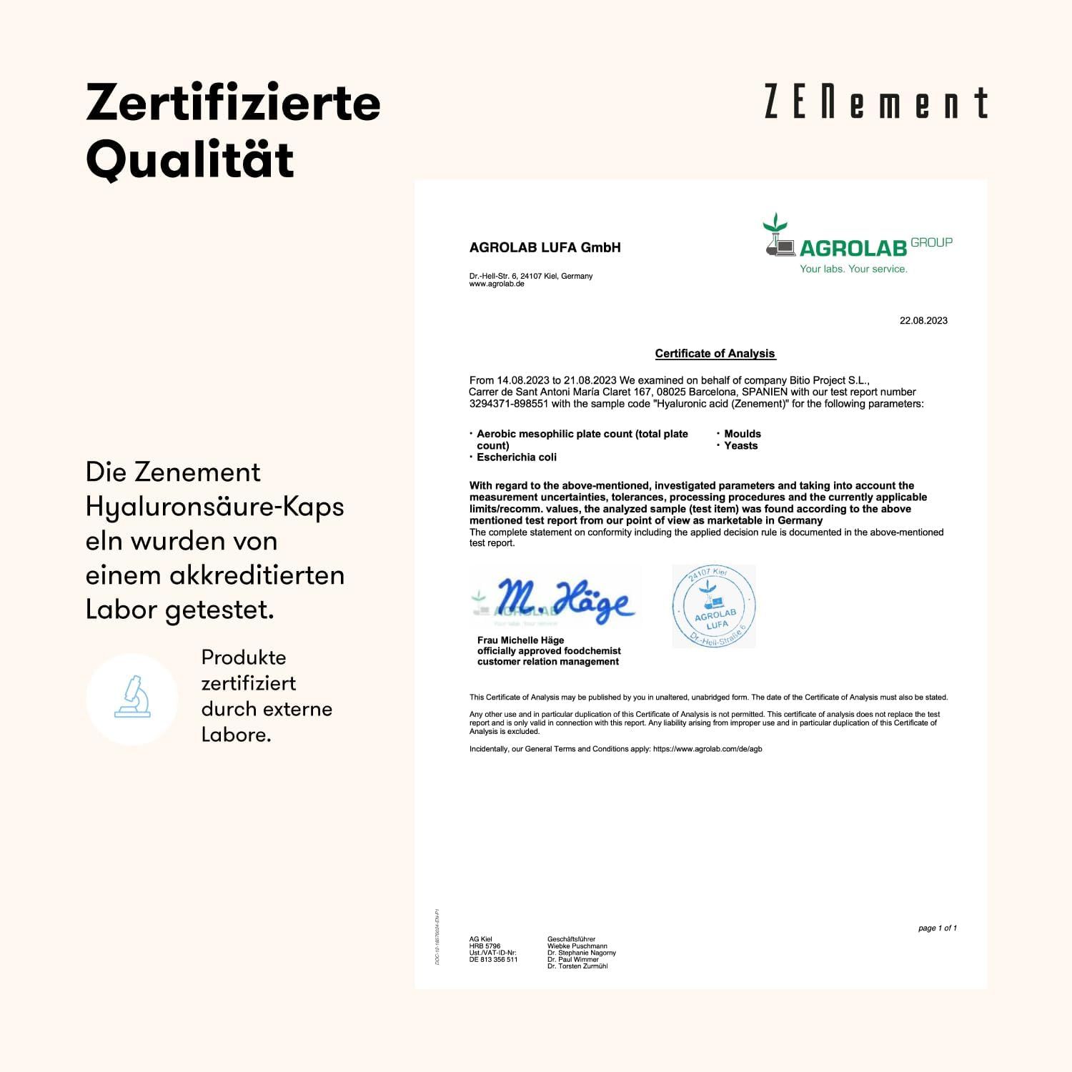 Document de certification d'Agrolab LUFA GmbH. Texte : Les gélules d'acide hyaluronique Zenement ont été testées par un laboratoire accrédité. Produits certifiés par des laboratoires externes.