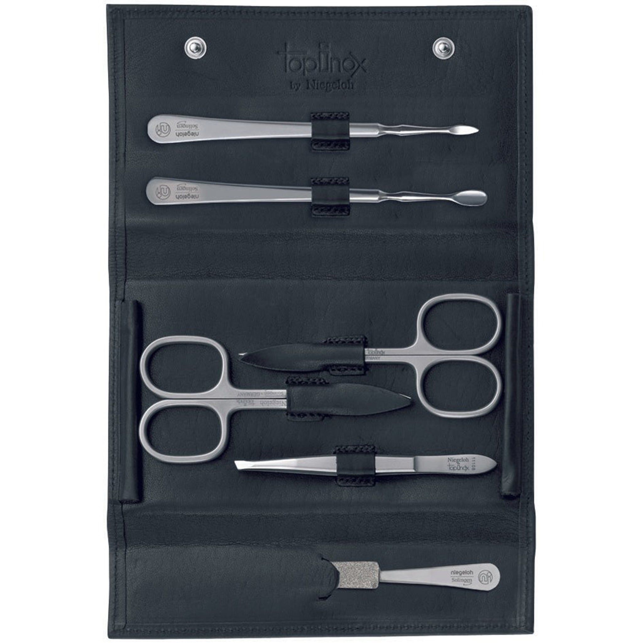Étui noir avec outils de manucure. Ciseaux à ongles, pince à épiler, repousse-cuticules et outils. Logo Topinox visible.