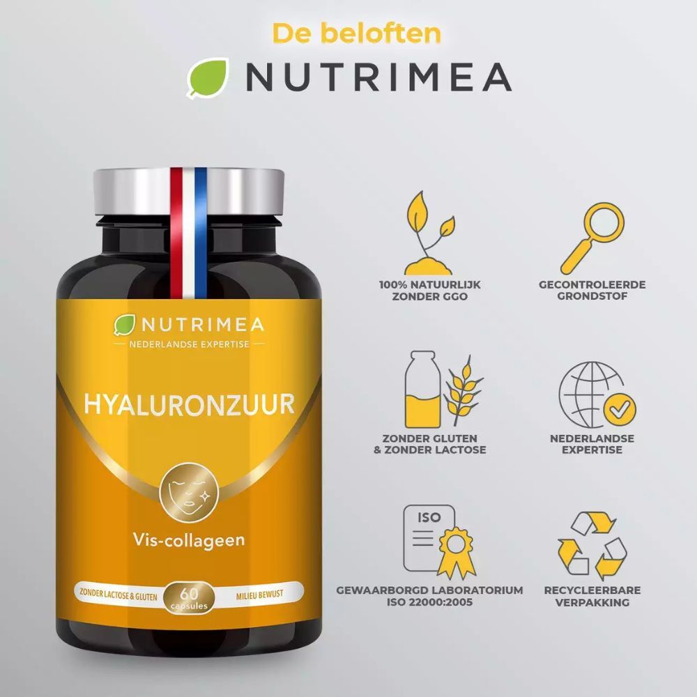 Bruine fles met capsules. Opschrift: Hyaluronzuur, Vis-collageen. 60 capsules. Iconen: natuurlijk, glutenvrij, recyclebaar.