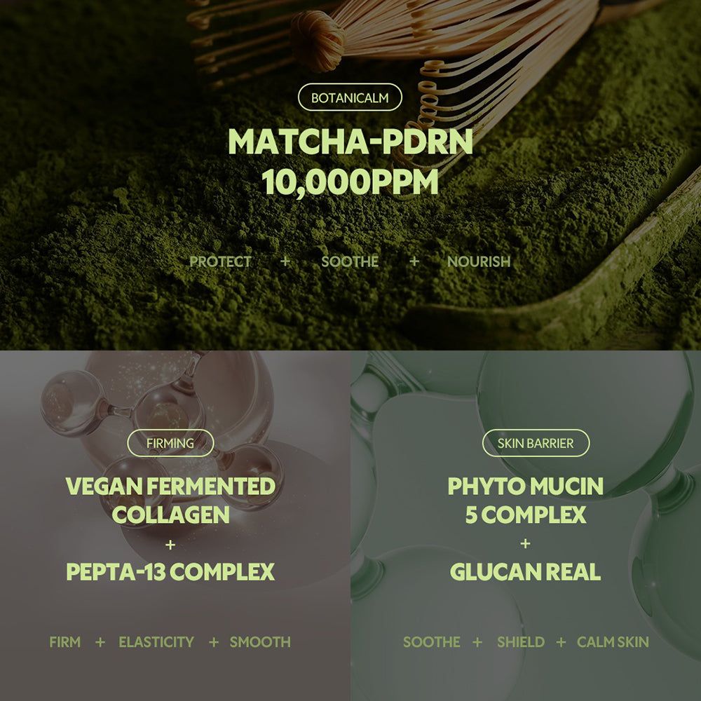 Close-up van matcha poeder en een garde. Tekst: Matcha-PDRN, 10.000 PPM. Bevat ingrediënten zoals veganistisch gefermenteerd collageen.