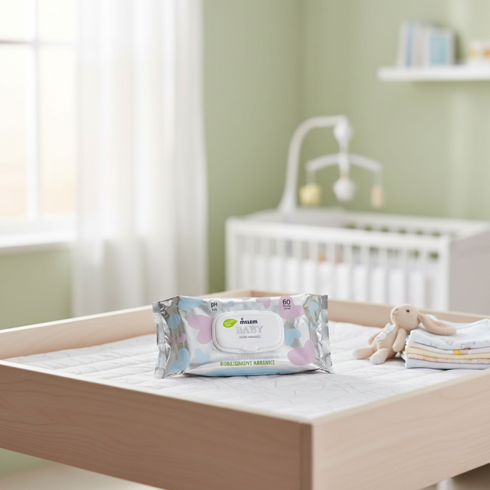 Paquet de lingettes sur table à langer. Lit bébé et jouets en arrière-plan. Inscription : Melem Baby.
