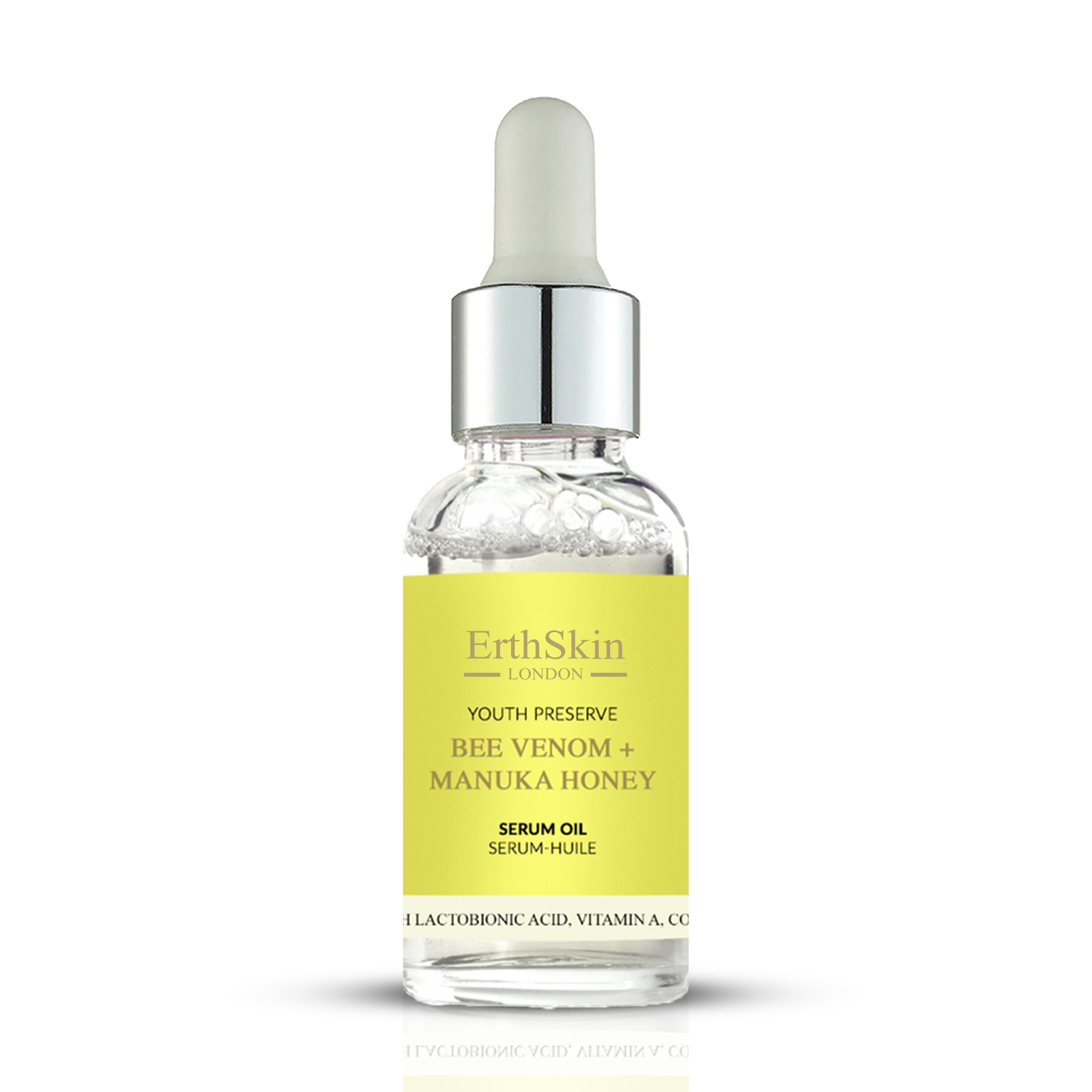 ErthSkin London serumfles met geel etiket. Bevat bijengif en Manuka honing. Met pipet.