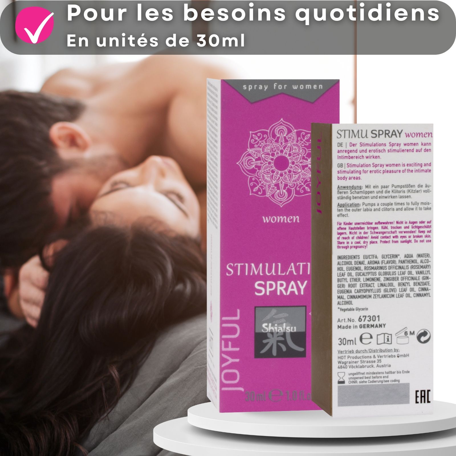 Emballage et flacon. Texte : Stimulation Spray, Shiatsu. Couple en arrière-plan.