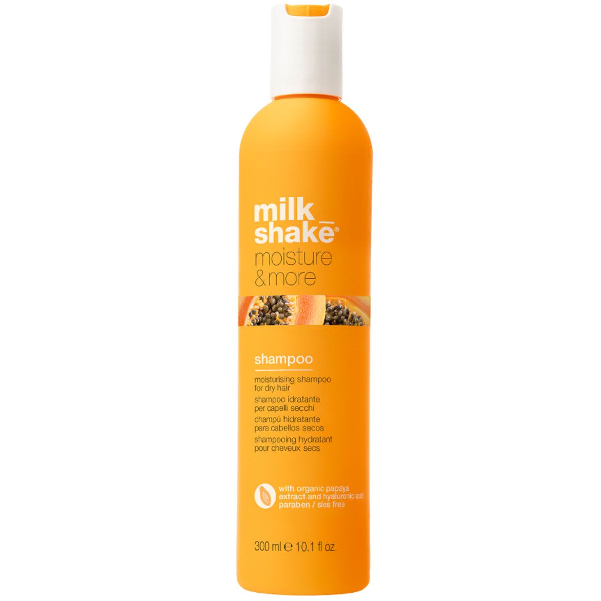 Bouteille orange milk_shake Moisture & More Shampooing Hydratant avec bouchon blanc. Contient de l'extrait de papaye.