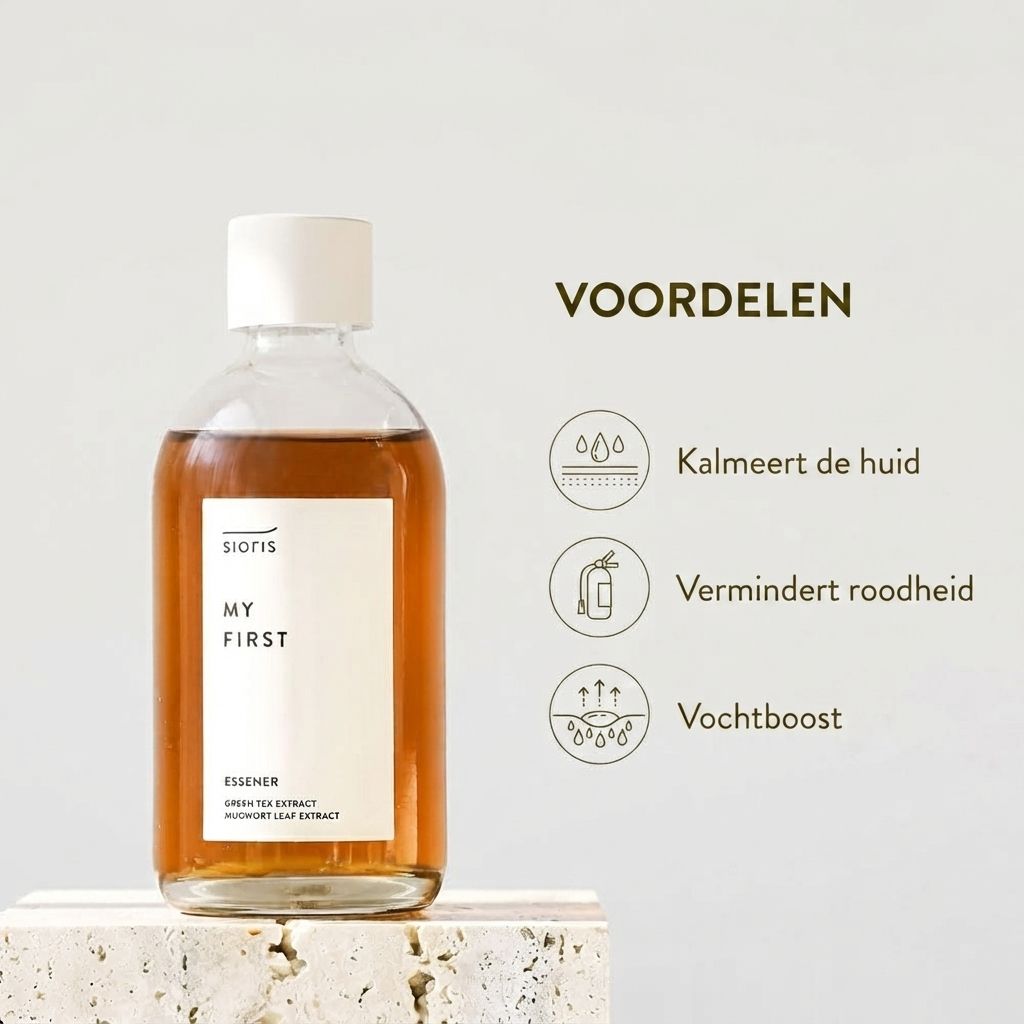 Sioris Mijn Eerste Essener op een stenen voetstuk, voordelen worden opgesomd.