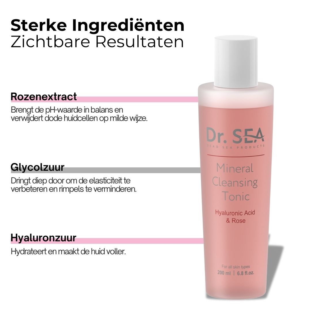 Rozen tonic fles. Opschrift: Dr. Sea, Mineral Cleansing Tonic, Hyaluronzuur & Roos. 200 ml.