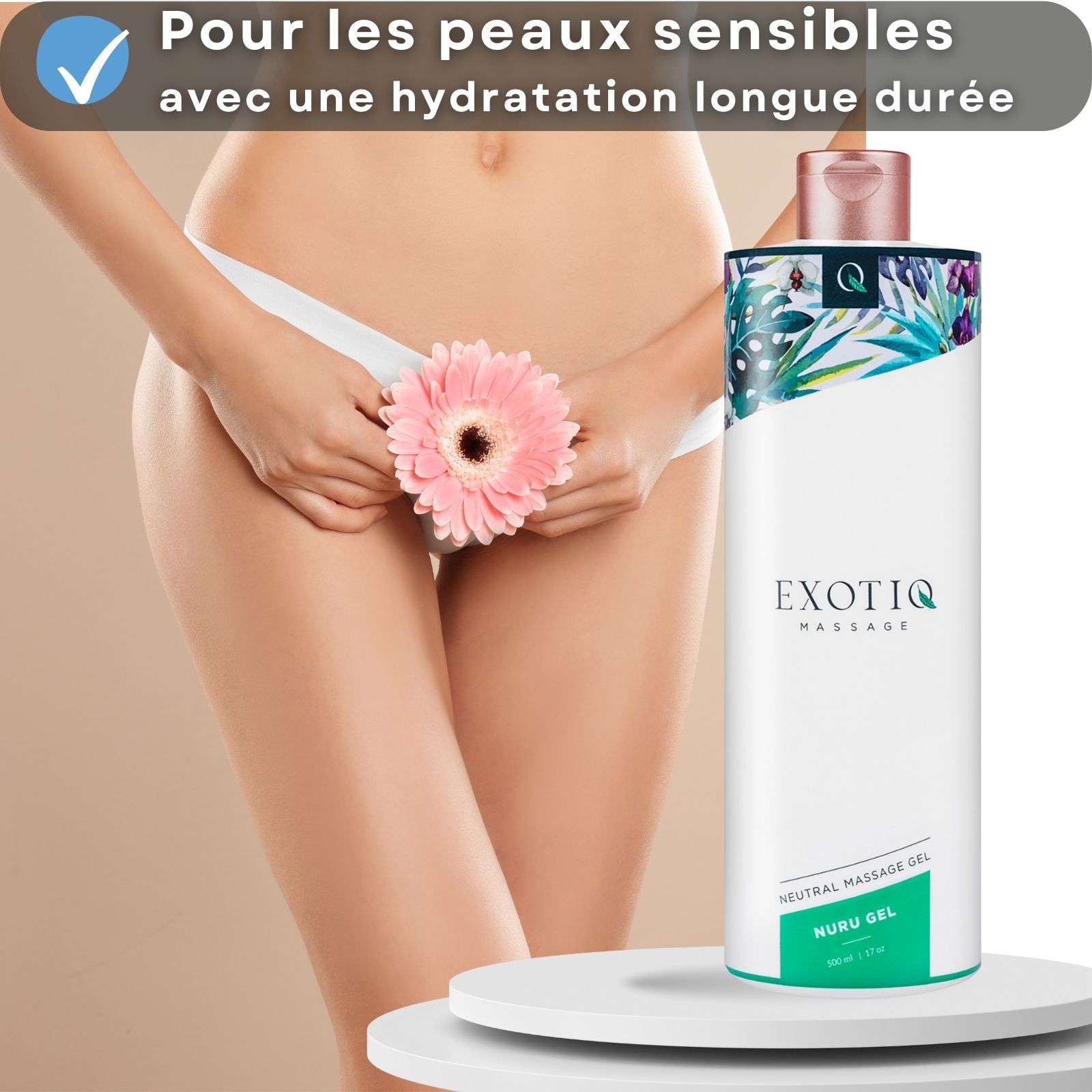 Femme avec fleur. Flacon blanc. Inscription: EXOTIQ MASSAGE. Bouchon rose. Motif floral.