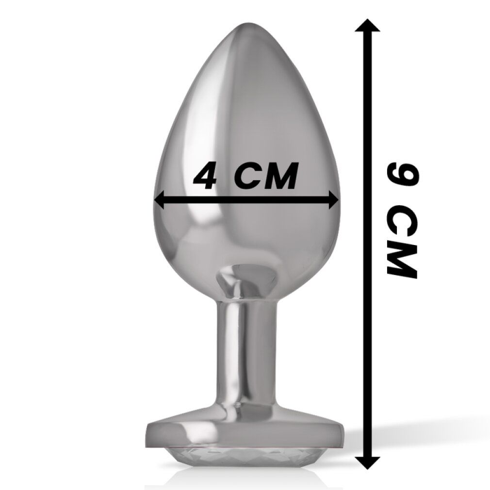 Metalen anale plug met kristallen hart, afmetingen: 9 cm hoogte, 4 cm breedte.