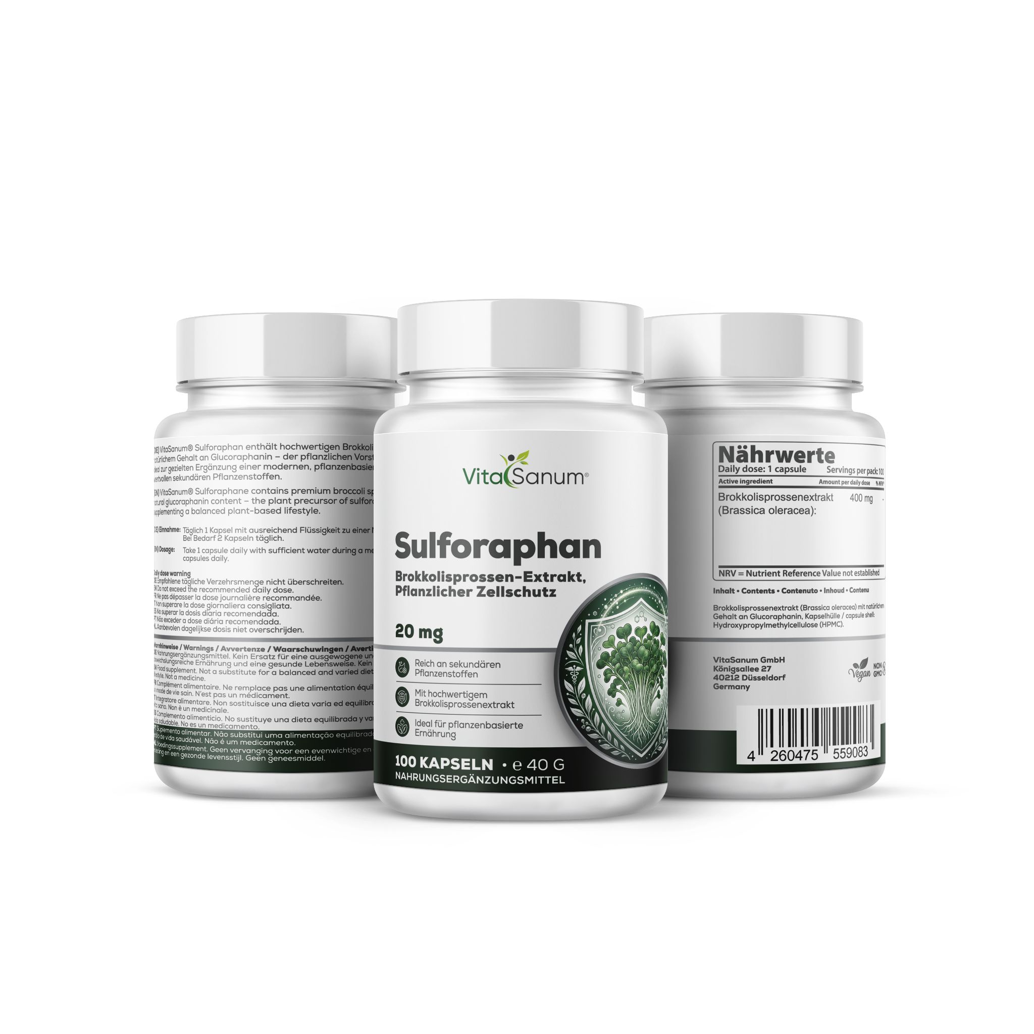 Gélules VitaSanum Sulforaphan: Extrait de germes de brocoli pour la protection cellulaire végétale. Trois contenants.