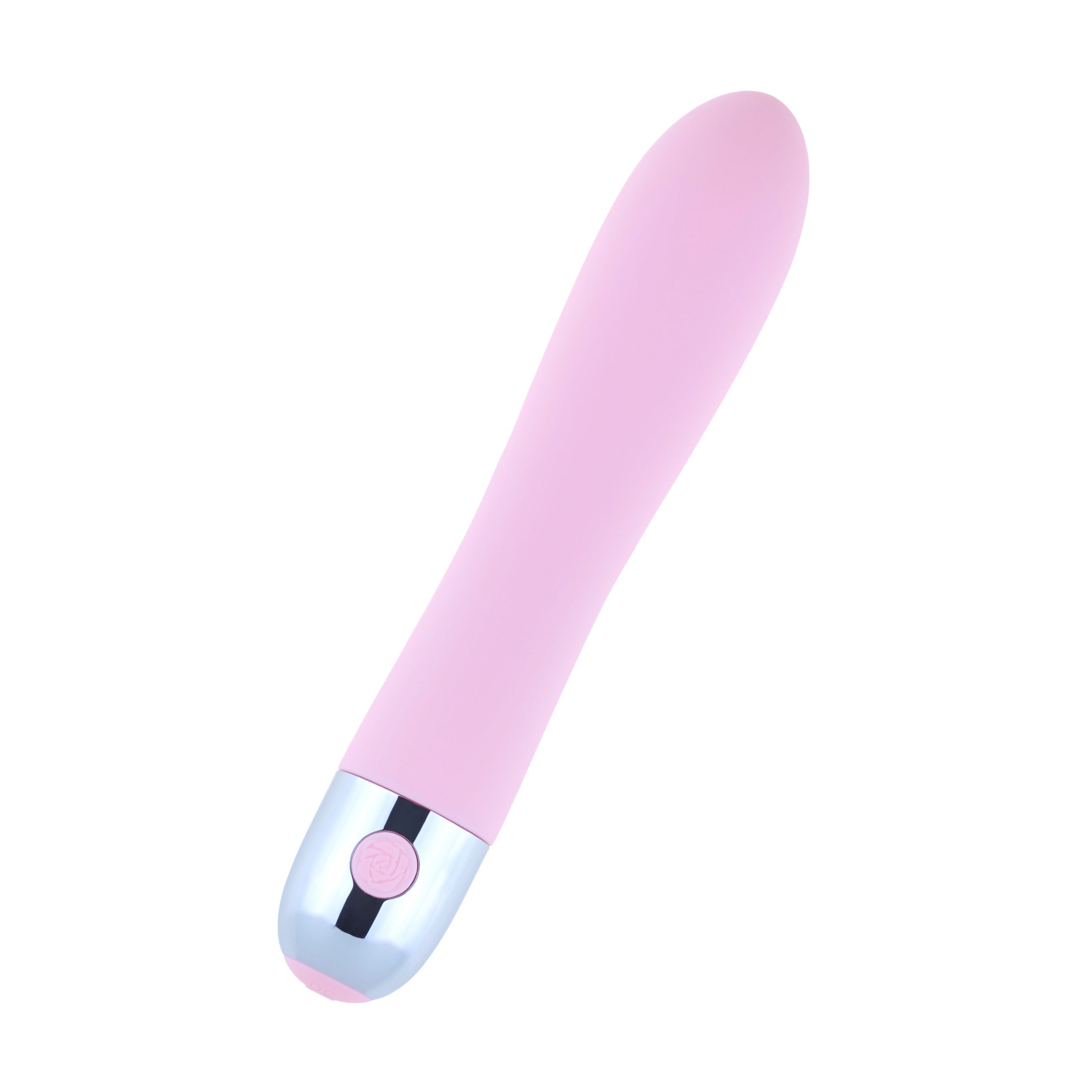 Vibrateur rose avec extrémité argentée et bouton. Surface lisse, forme ergonomique.