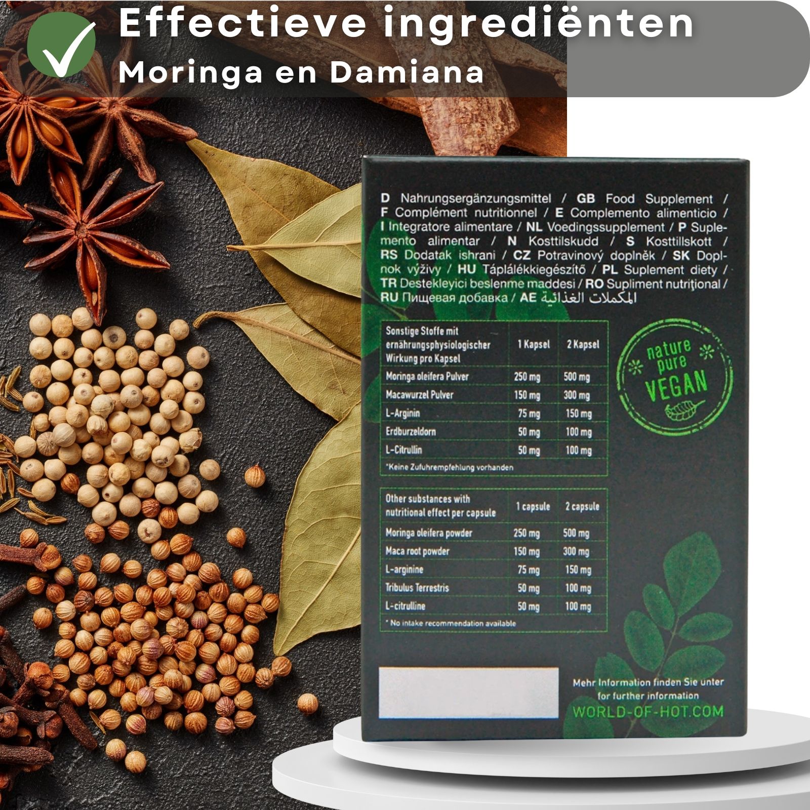 Achterkant van de verpakking. Meertalige tekst. Vegan zegel. Ingrediënten en voedingswaarde-informatie.